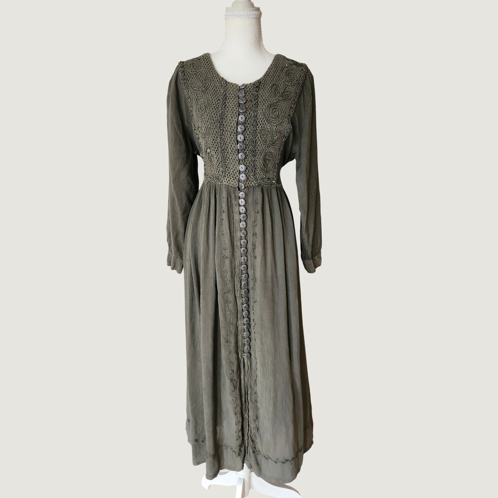 24 Karat Vintage 90s Olive Green Crochet Lace Maxi Dress Cottagecore Women Med